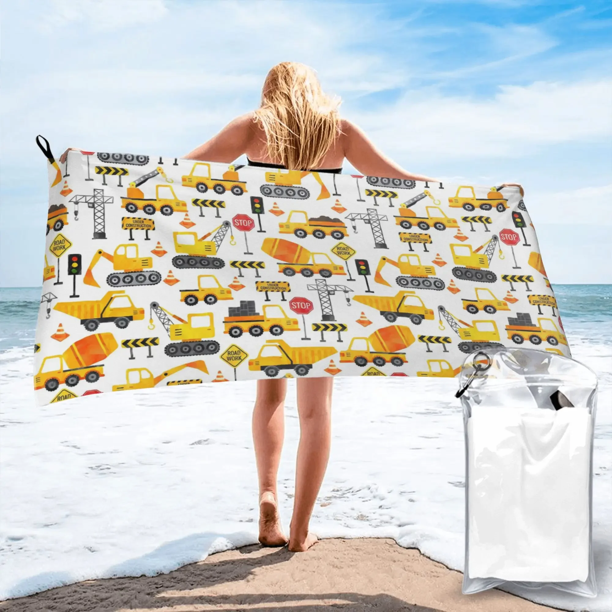 

Road Work Watercolor Construction Vehicles Beach Towel Soft Microfiber Quick Dry Absorbent Quick Towels For Bath