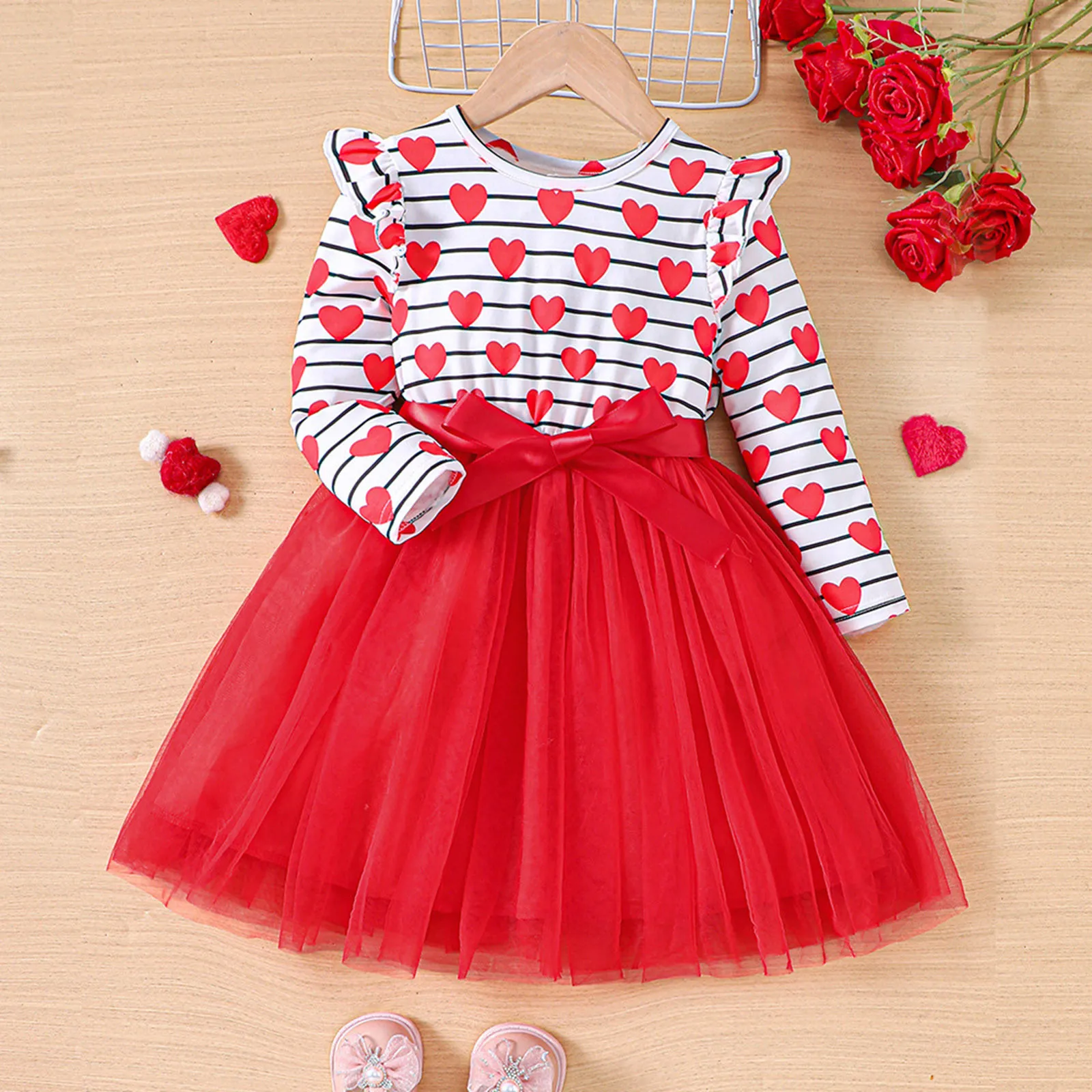 1-5Yrs Girls Party Dresses Valentines Day Mesh Patchwork Love Heart Print Red Tulle Dress For Girls Kids Clothes Princess Dress