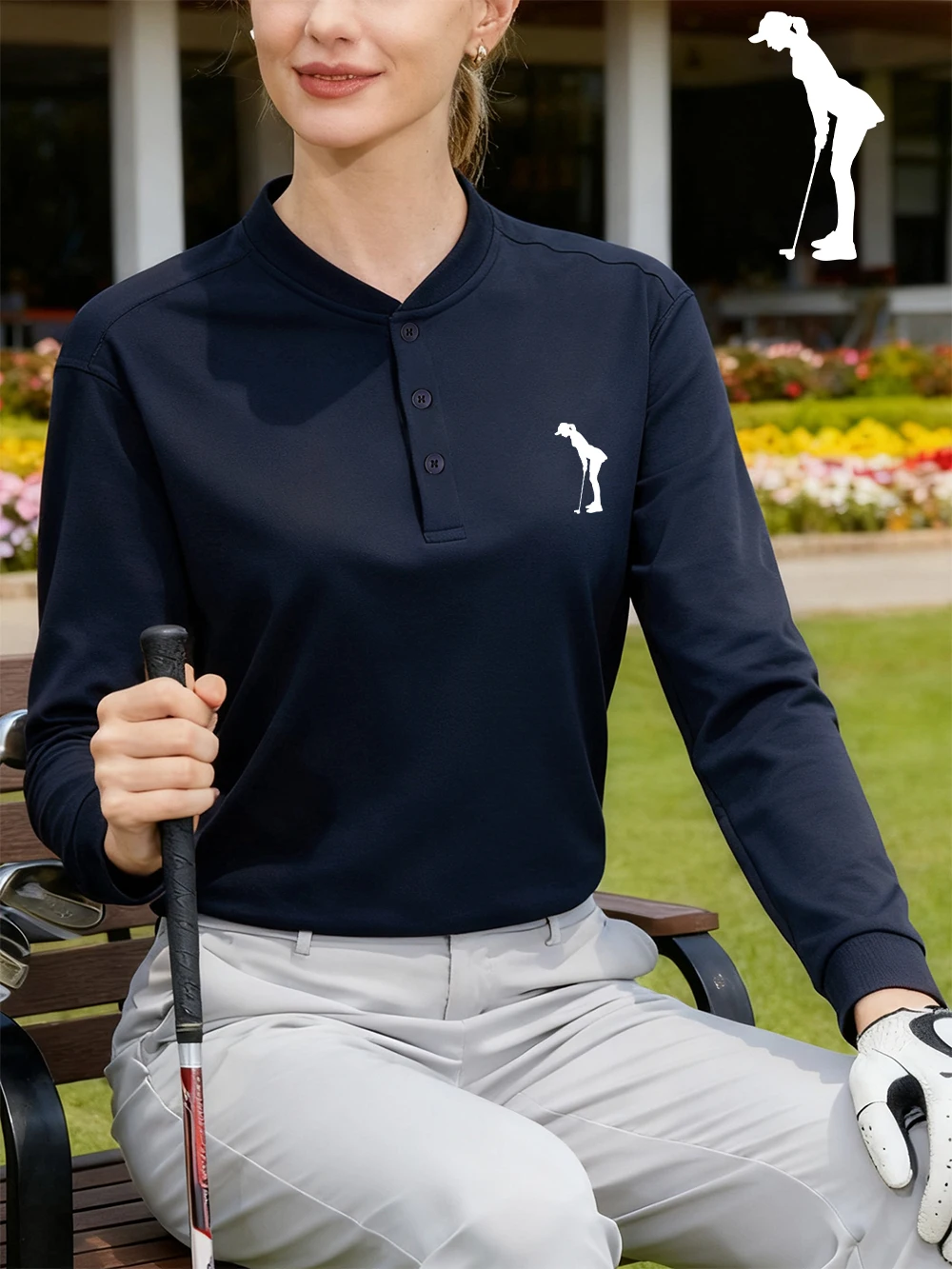Silhueta de golfista imprime camisa feminina henley algodão outono quente camisetas de manga comprida respirável camiseta básica esportiva