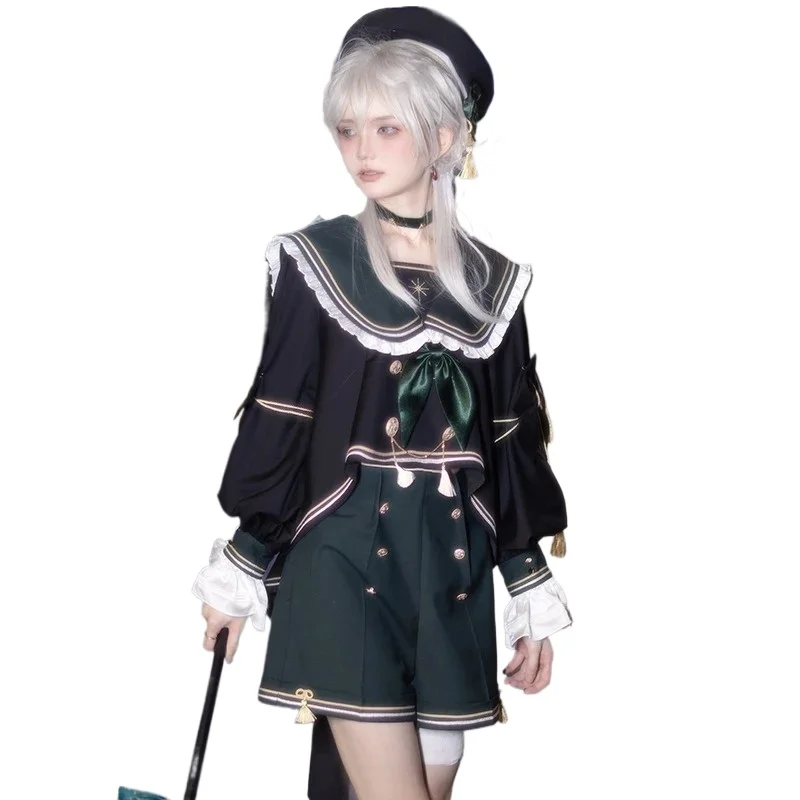 ญี่ปุ่นOriginal Lolita GorgeousวิทยาลัยชุดสาวหวานNavy Collarเสื้อแขนยาวและกางเกงขาสั้นเอวสูงตรงชุด