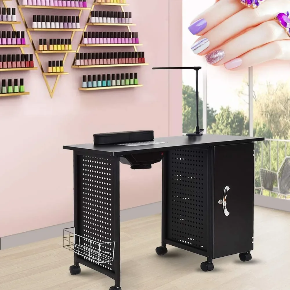 Steel Frame Manicure Table Nail Station,Manicure Salon Spa Nail Art Desk Workstation Beauty Salon Equipment with LED Light