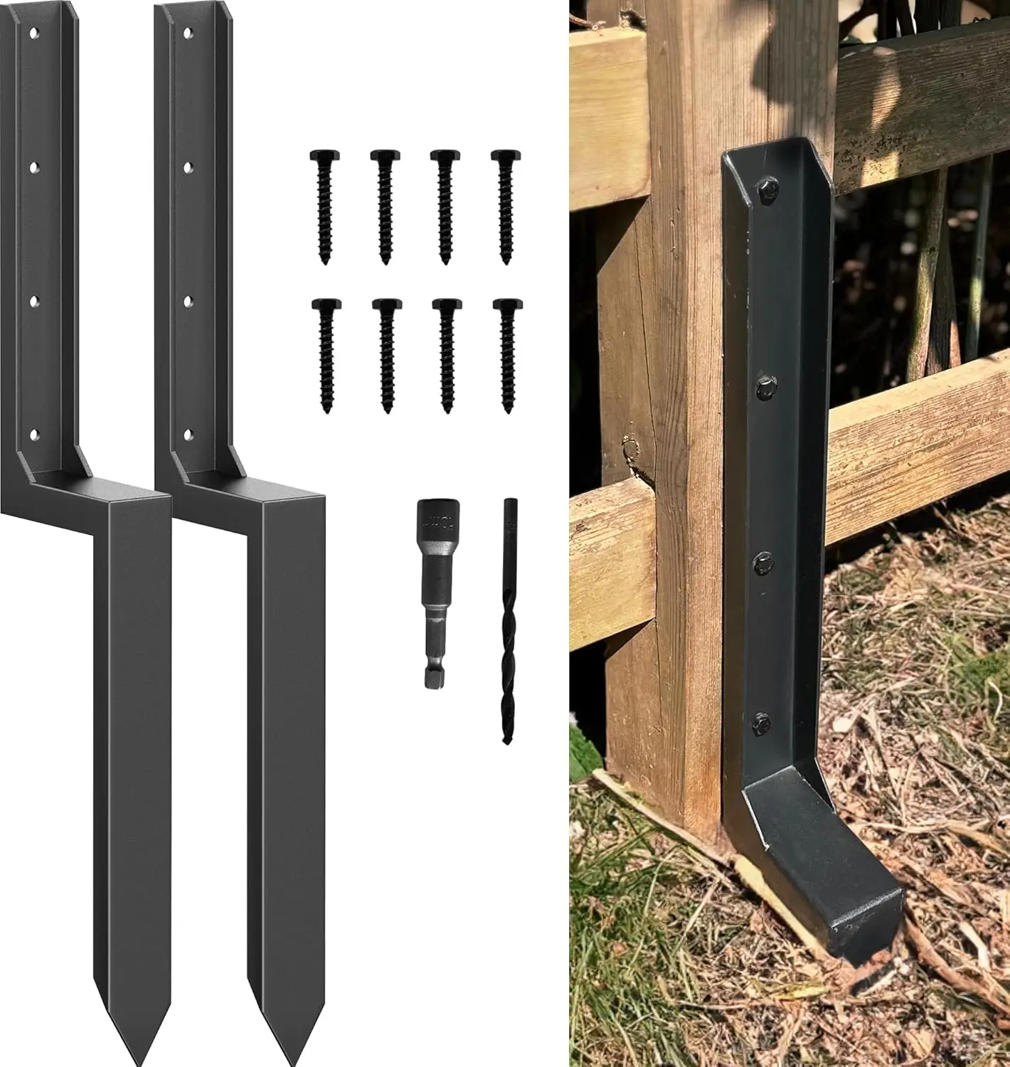 Thickened 11-Gauge Steel Fence Post Repair Kit for Broken/Leaning Wood Posts - 2-Pack
