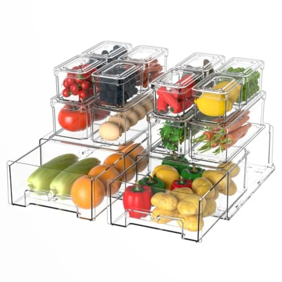 

14Pack Fridge Organizer Bins Clear Refrigerator Organizing Containers with Lids and Refrigerator Drawers Stackable Food Vegetab