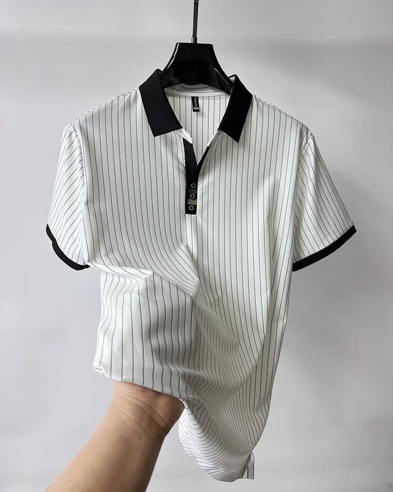 2024 trendy brand Ice Silk striped short sleeved POLO shirt men summer new fashion lapel casual T-shirt comfortable and cool top
