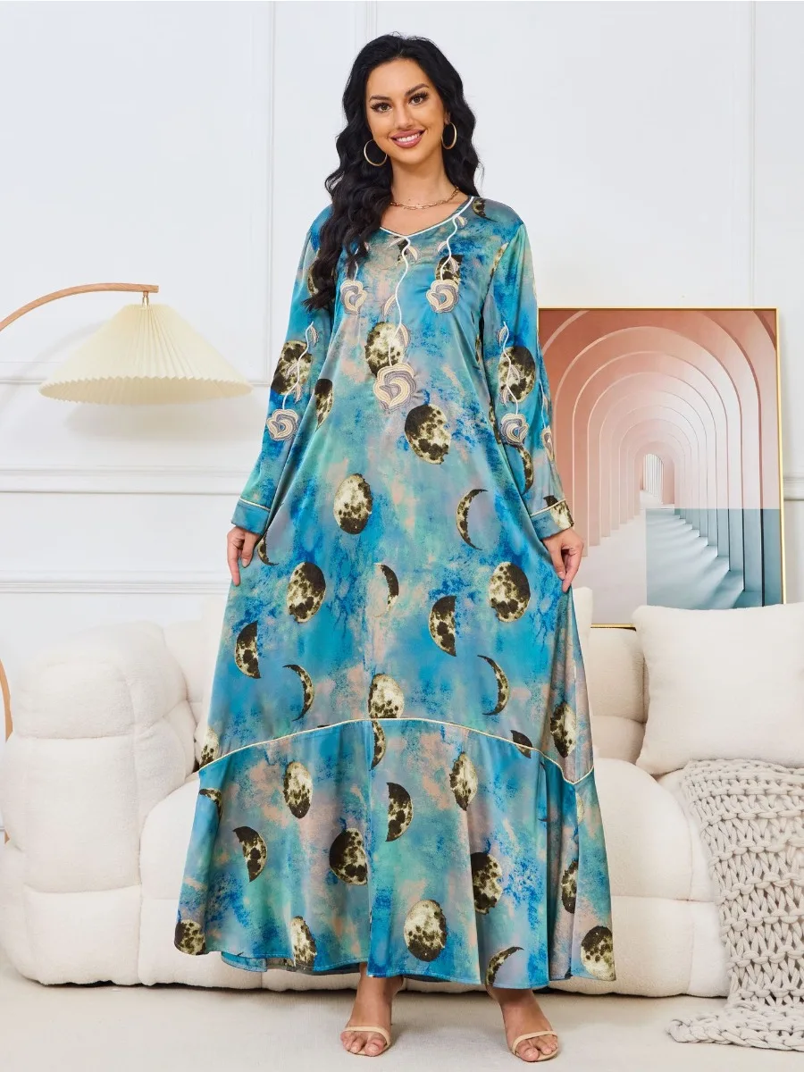 Eid Arab Muslim Party Dress for Women 2024 Abaya Print Jalabiya Long Dresses Morocco Kaftan Vestidos Dubai Ramadan Gown Robe