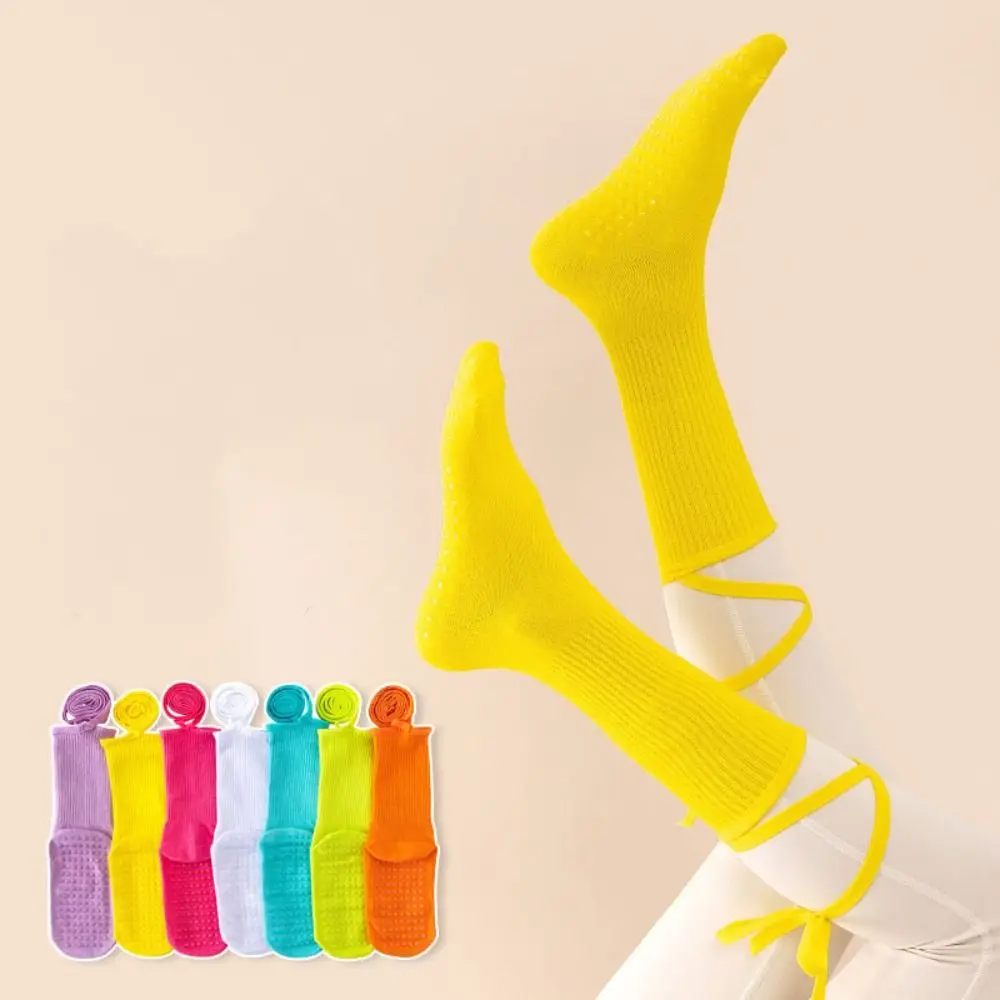 

Silicone Dots Lace-up Yoga Socks Mid-calf Anti Slip Pilates Socks Women Floor Hosiery Cotton Mid Length Socks Lady