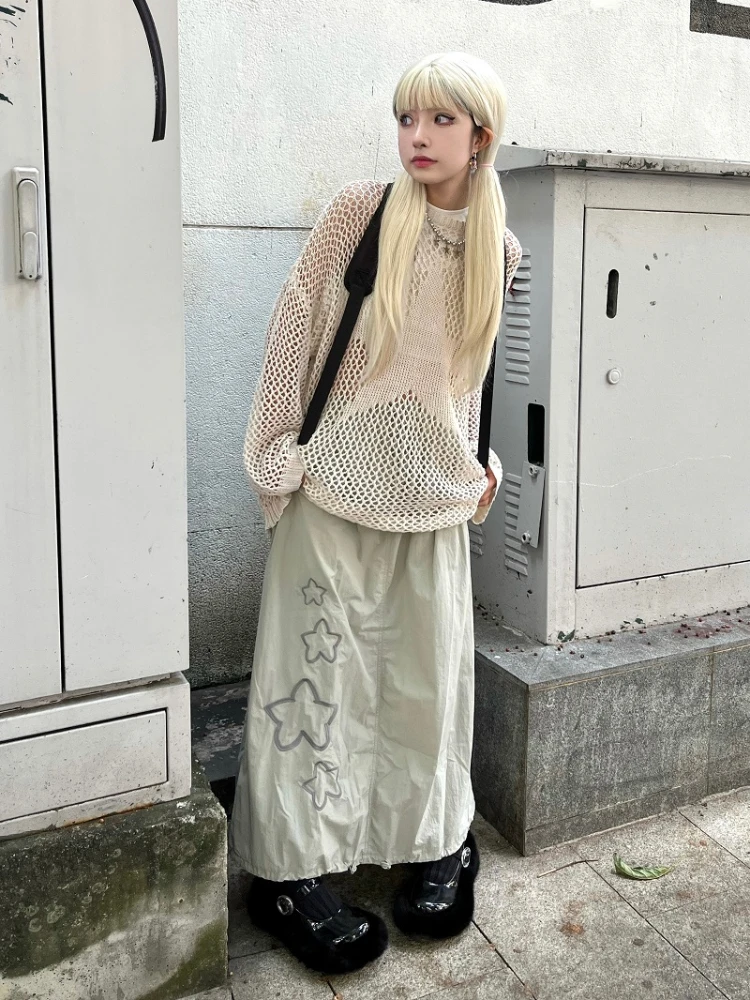 KOSAHIKI Hollow dzianina Y2k estetyczny cienki sweter Harajuku Streetwear Punk przezroczyste koszulki Jumper Ropa De Mujer bajki Grunge