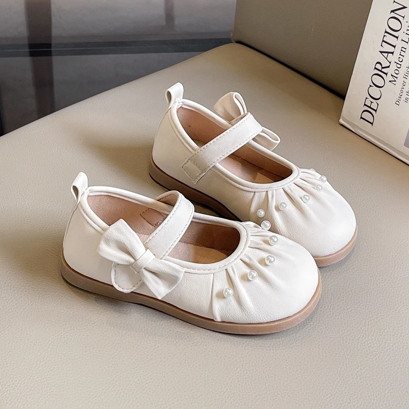 

New Spring Autumn Girls Leather Shoes Elegant Bowknot Princess Kids Fashion Pleated Flat Shoes Sweet Pearl Children Dress Shoes
