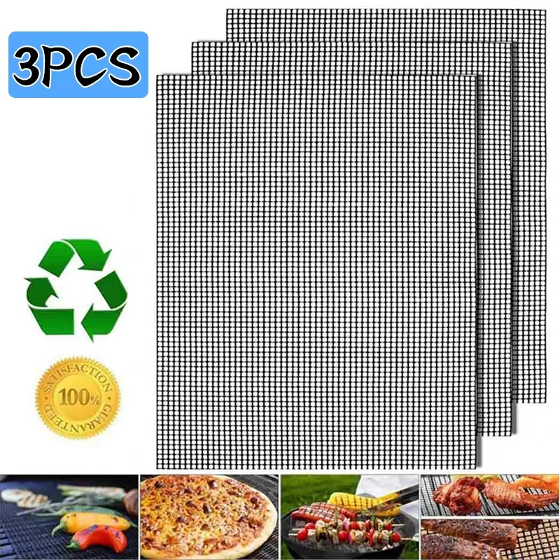 3Pcs Non-Stick BBQ Grill Mesh Mat Perforated Oven Sheet Reusable Barbecue Mat Baking Mat Heat-Resistant Outdoor Grilling Tool