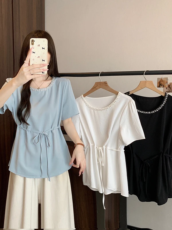 

Slimming Effect Heavy Embellished Belted Short Sleeve Women's Top Fashionable Casual Shirt Style Summer Wear Chinese Brand