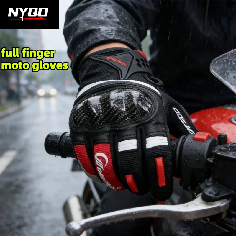 Men's Motocross Carbon Fiber Gloves Full Finger Touch Screen Summer Breathable Anti-Slip Protective for Moto Biking