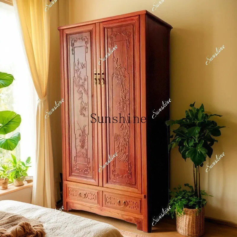 New Chinese solid wood two-door large wardrobe carved clothes and hats locker household Qingming classical furniture  FT