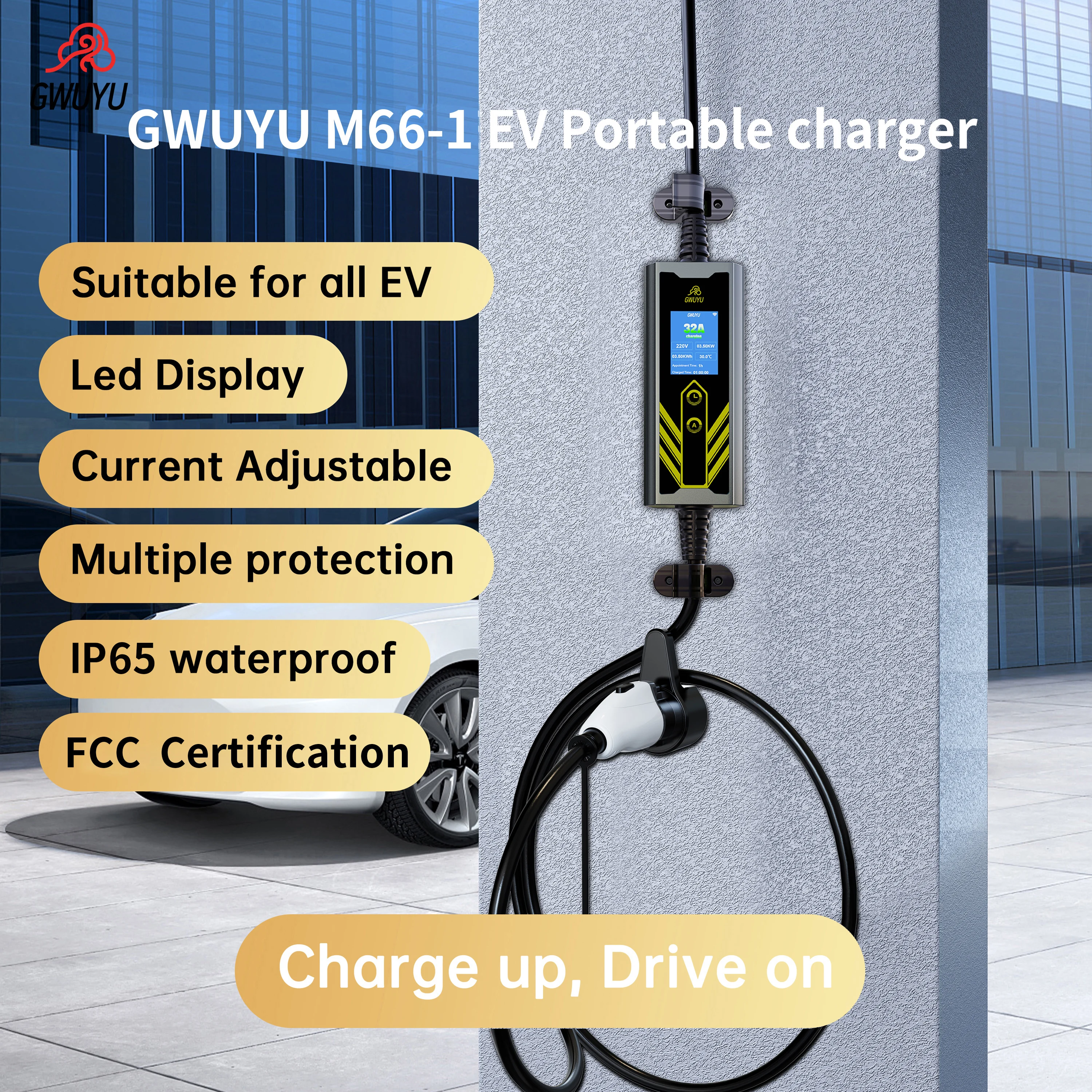 EV Charger แบบพกพา 32A 7.6KW 40A 9.6KW 110-240V ประเภท 1 ปลั๊ก 5 M ไฟฟ้ารถ Wallbox สถานีชาร์จ 2.8 นิ้วหน้าจอ