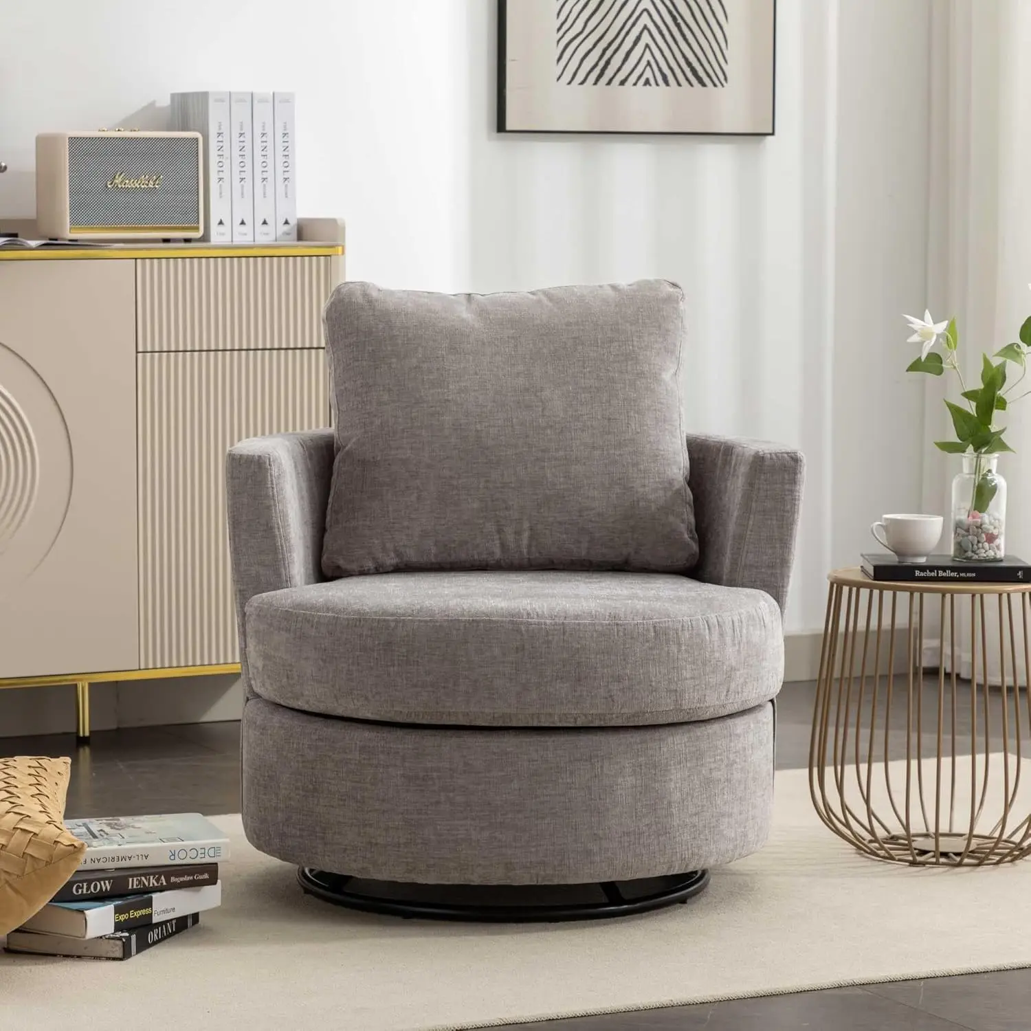 Swivel Armchair with Back Cushion Pillow Thick Foam Pad (Medium grey+ Teddy)