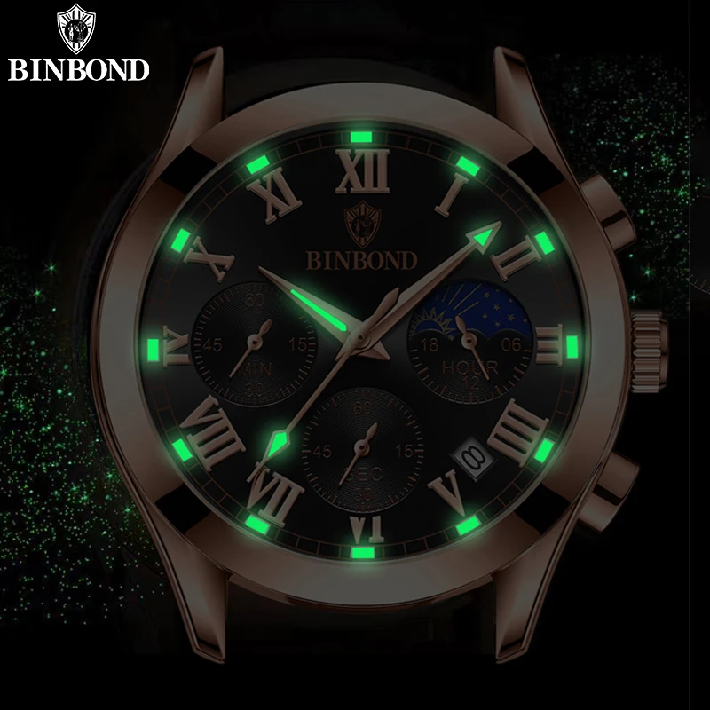 BINBOND-Relógios masculinos de couro, relógios de negócios, cronógrafo luminoso, 30m impermeável, Top Brand, moda, luxo, B0077