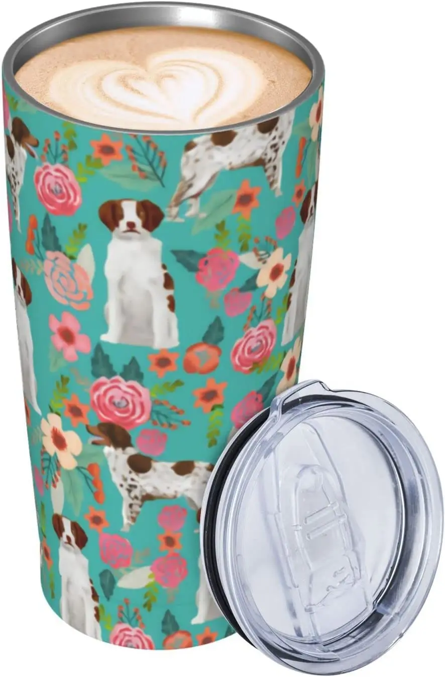 20oz Tumbler Steel Straw Mug Stainless Coffee Cup For Home Travel Car Hot And Cold Drinks Cute Brittany Spaniel Dog Green Flower