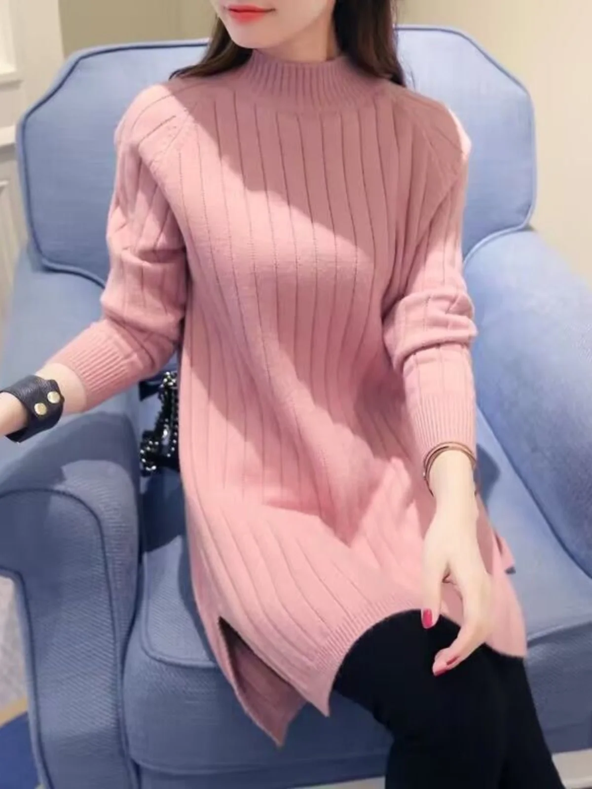 

Корейский женский свитер из трикотажа, средней длины, с высоким воротником, свободный, базовый слой, пуловер, трикотаж для осени и зимы