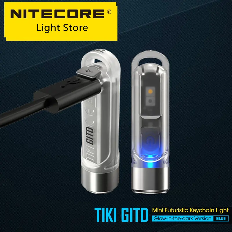 NITECORE TIKI GITD BLUE Mini Keychain Light UV  Warning Signal Flashing EDC USB Rechargeable Flashlight with 130mAh Battery