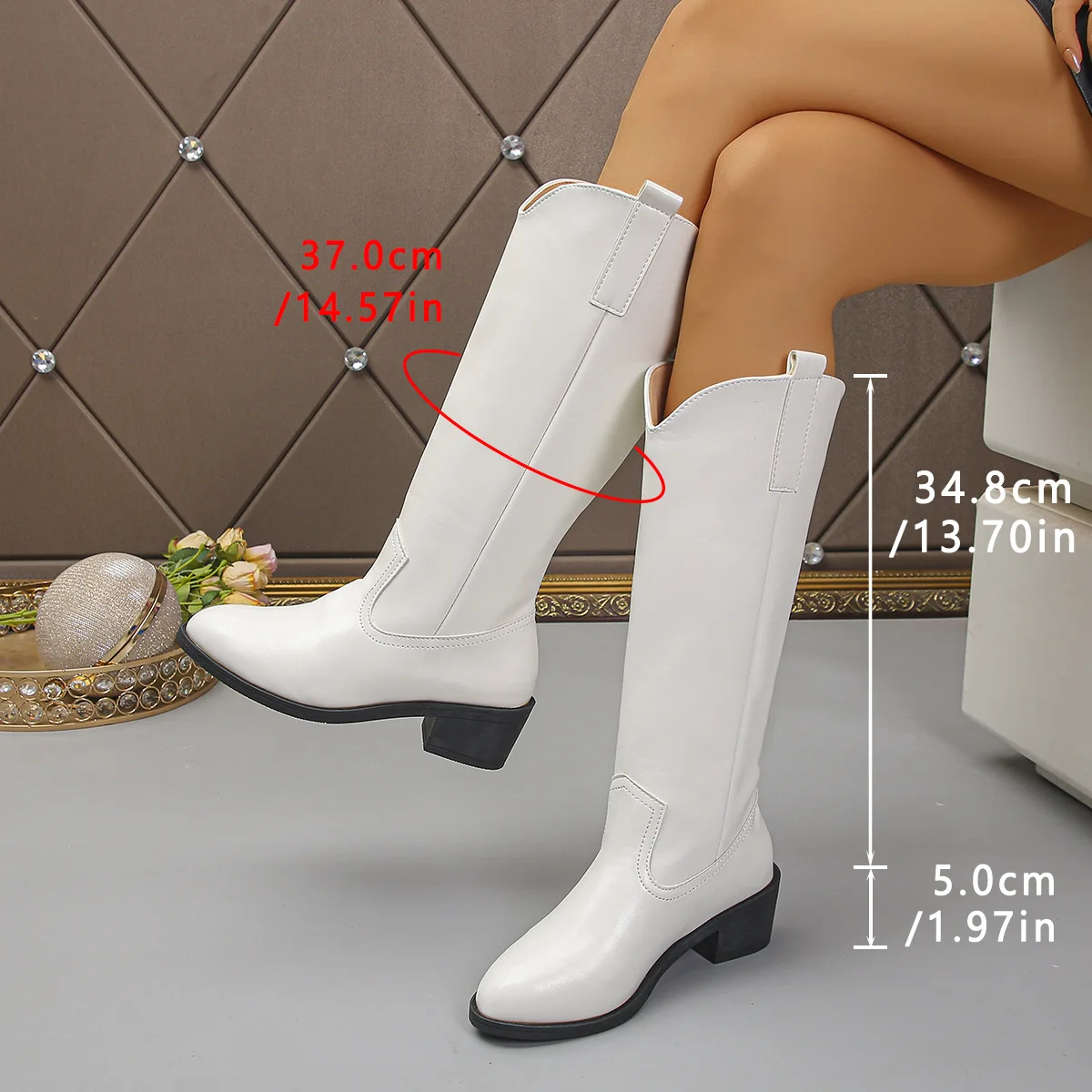 Nuevas botas de cuero de chimenea de tacón grueso de mezclilla occidental para mujer, nudillo fino de tacón grueso con manga transfronteriza de gran tamaño