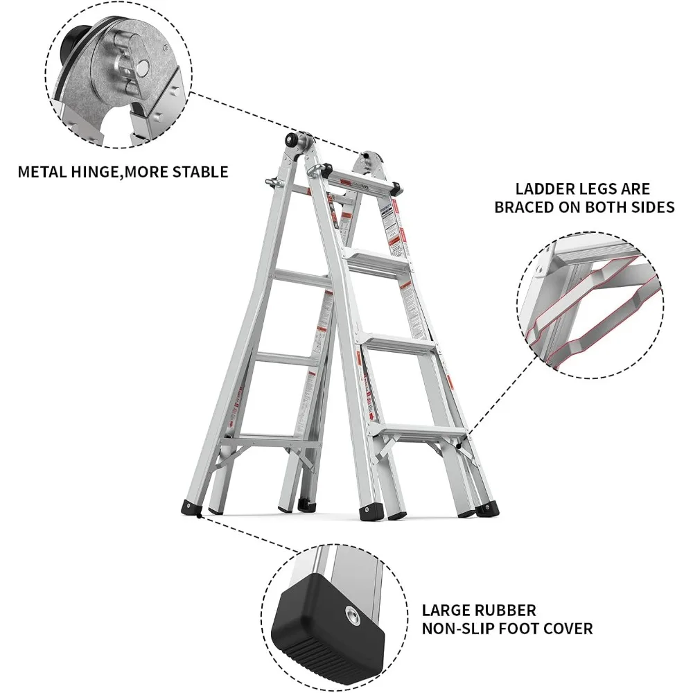 سلم تمديد من الألومنيوم 5 في 1، 17 قدم متعدد المواضع قابل للطي مع خطوات واسعة مضادة للانزلاق وأقفال مفصلية آمنة للمنزل Impr #4
