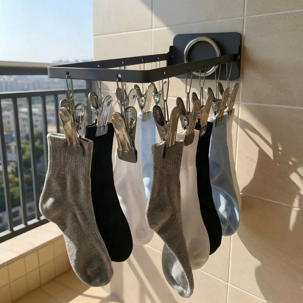 1Pc Metal No-Drill Sock Hanger 12 Clips, Windproof Anti-Drop Laundry Clothespin, Multifunctional Underwear Towel Holder for Bath
