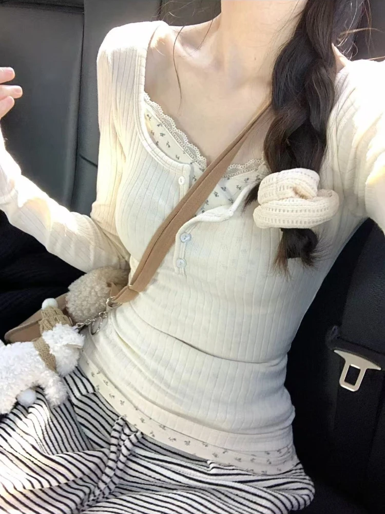 2025 الأزهار المرقعة كم طويل الدانتيل سترة بلوفر مغزول المرأة سليم صالح سترة الكورية نمط الخريف ملابس شتوية متماسكة القمم