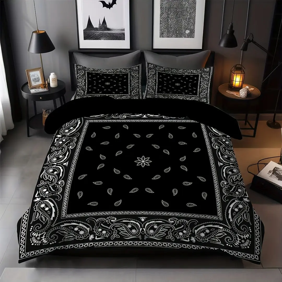 

Black Bohemian pattern - Polyester - Home decoration, bedroom decoration -1 bedspread +2 pillowcases (no pillow core)