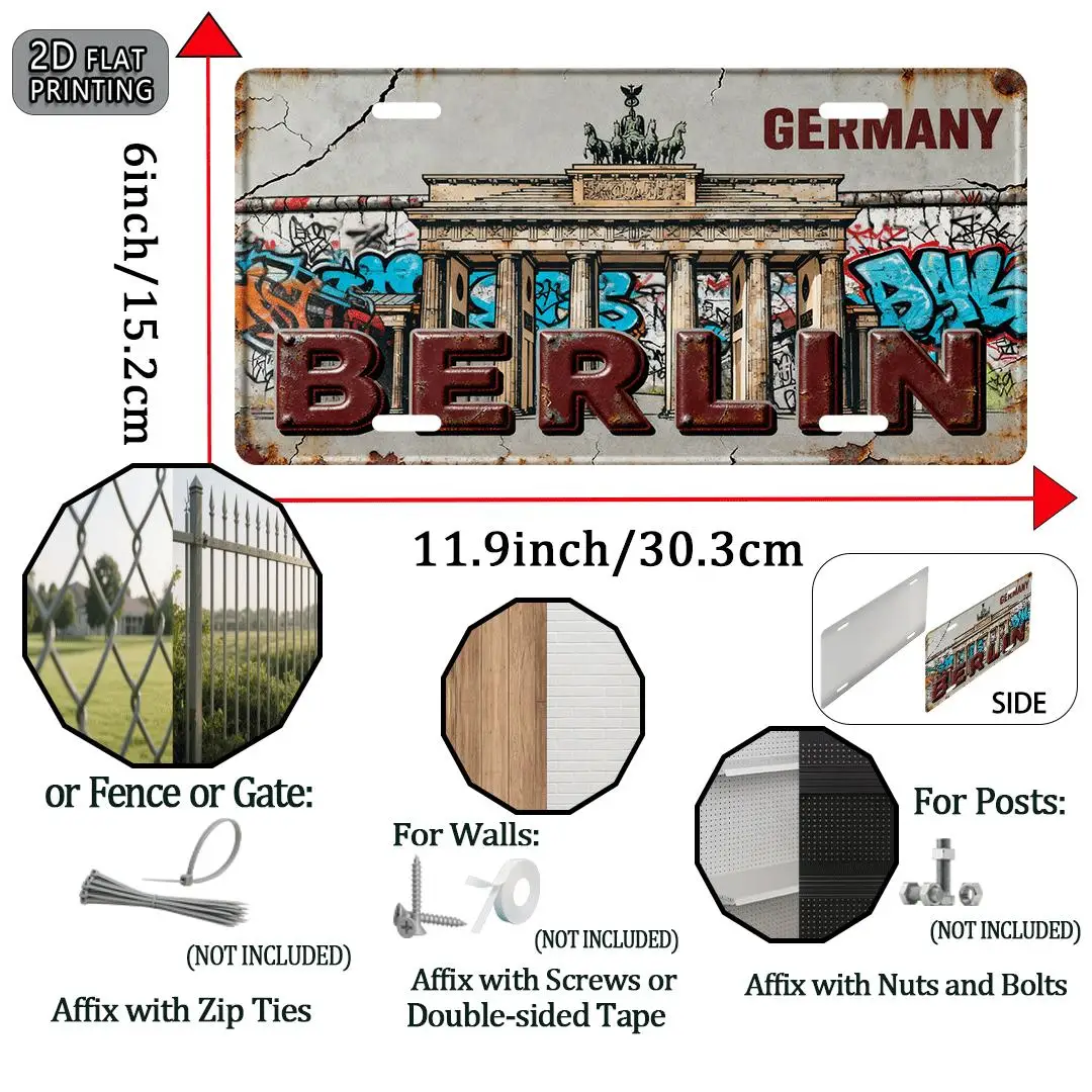 2D Flat, 2D Flat Printing, 1pc, Berlin Vintage Metal Aluminum Sign License Plate, decorative sign (30.48X15.24cm), Travel Gift,