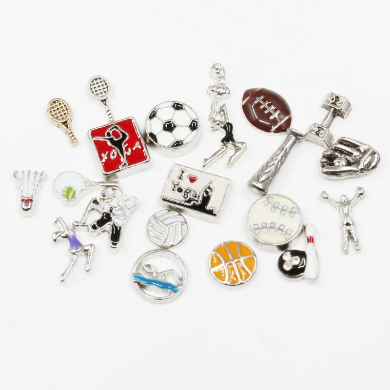 Hot Selling 20pcs Love Yoga dancing badminton swimming sports Floating Charms Living Glass Memory Lockets DIY Jewelry Wholesale