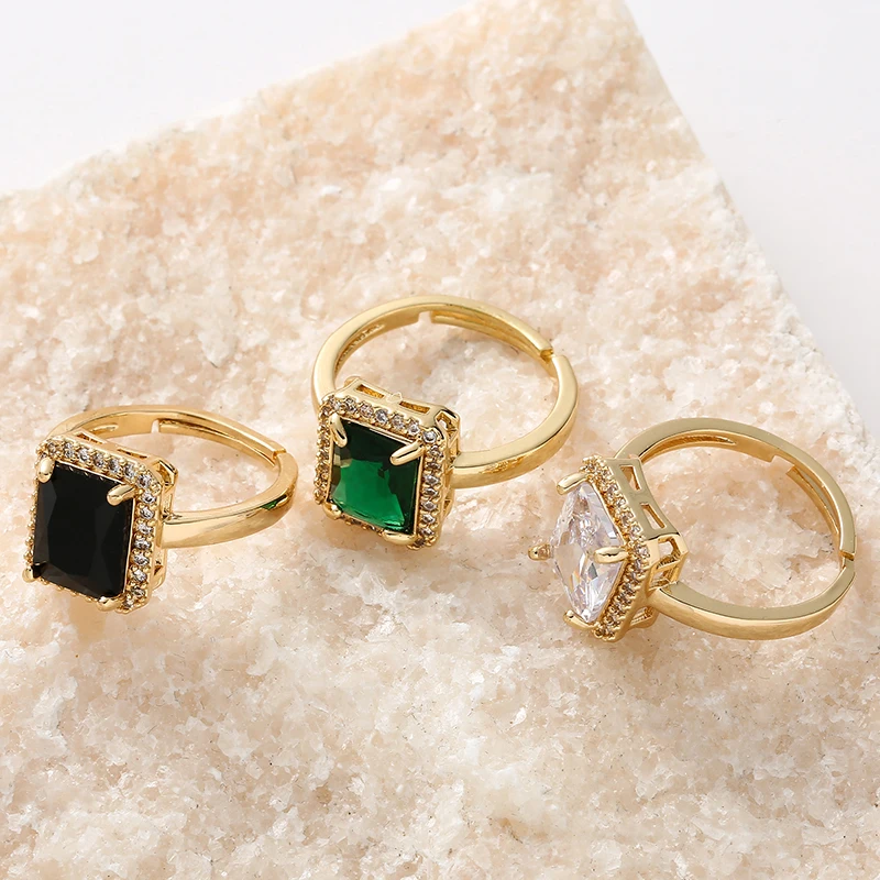 Elegant Emerald Ring for Women Adjustable Luxury Gold Color Inlaid Square Green Zircon Rings Fashion Vintage Aesthetic Jewelry