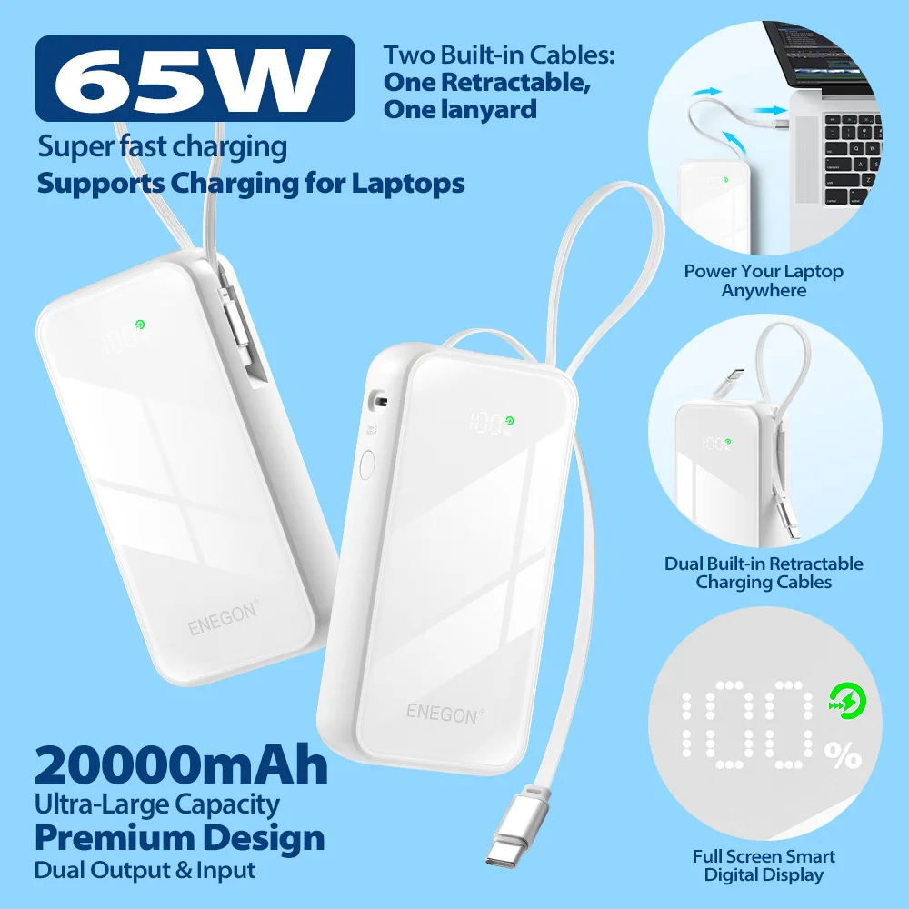 ENEGON 65W 20000mAh Powerbank mit Digitalanzeige, eingebautem einziehbarem USB-C-Kabel, schnellem Laden, externem Akku, Premium-Design für Laptop, iPhone, Samsung