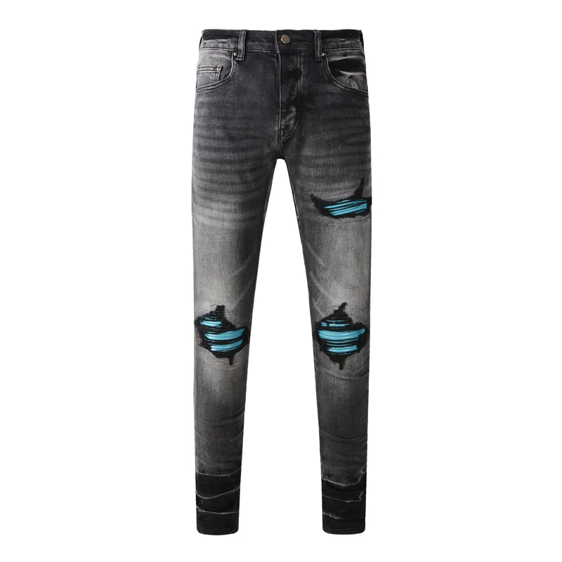 

Fashion designer's new black gray jeans, washed with water, nostalgic stretch, slim fit, green patch jeans, high street hip-hop