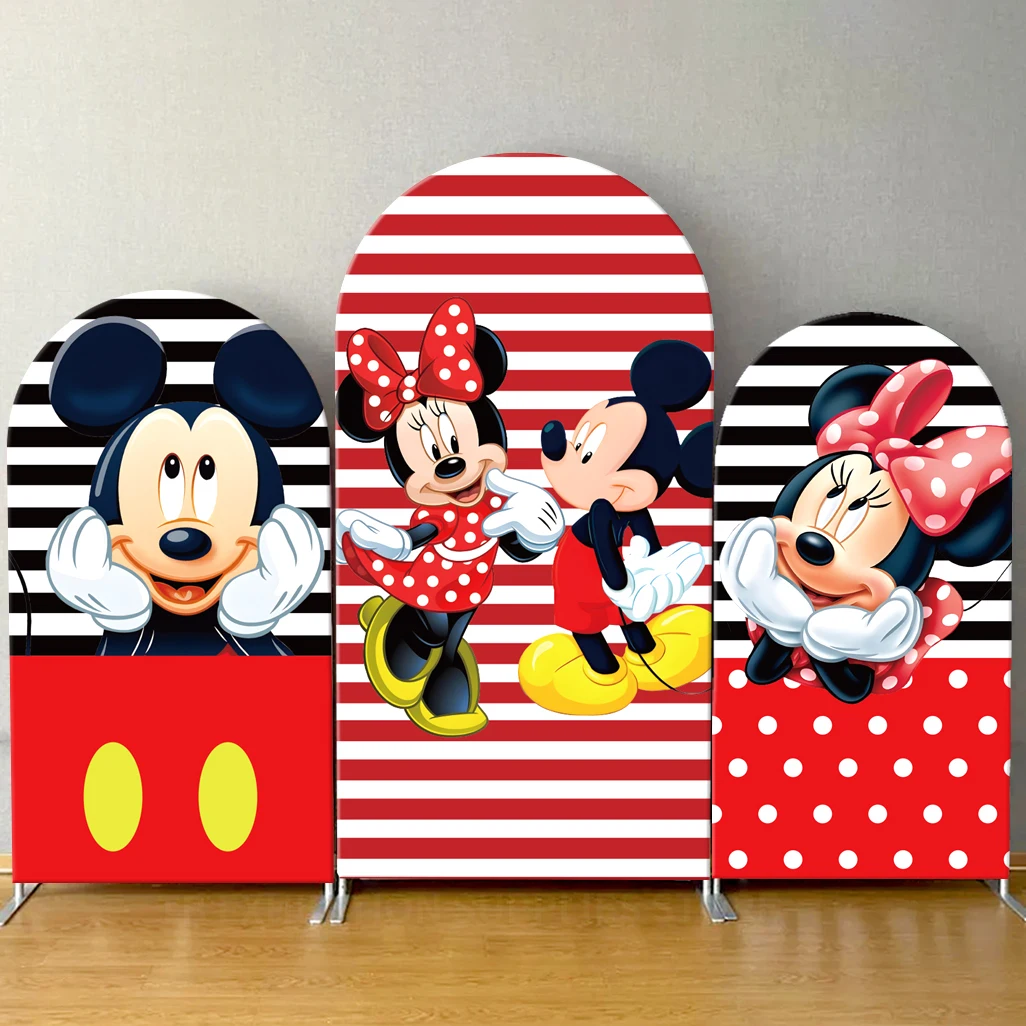 

Disney Mickey Mouse Glod Red Arch Backdrop Cover Baby Shower Boy and Girl Birthday Party Decoration Photograph Background Wall