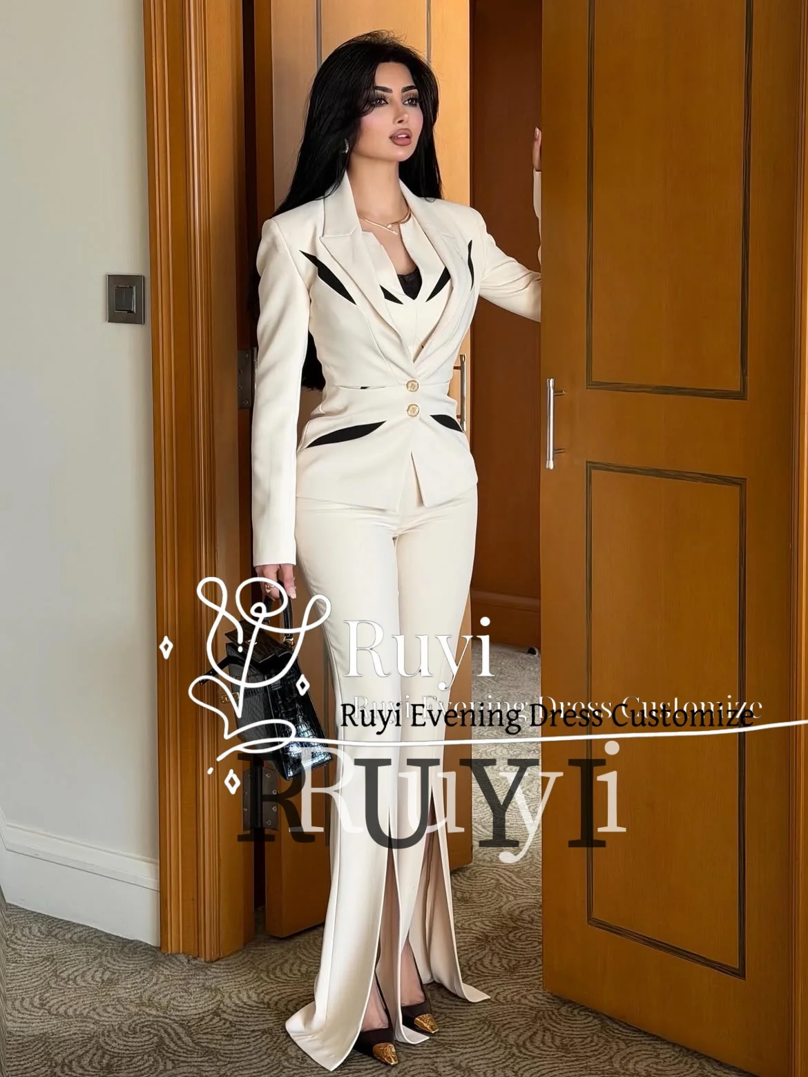 Customized Contrast Patchwork 3 Pieces Women Evening Dress Business Suit Blazer Vest Split Pants Formal Gown Office Party Outfit