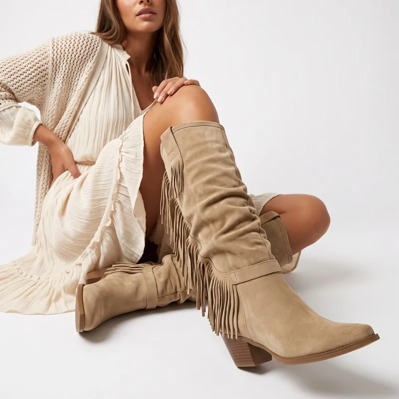 Quality Tassel Pleated Women's Western Tall Boots New Trend Faux Suede Block Mid Heeled Slip on Bohemian Fringe Knee High Boots