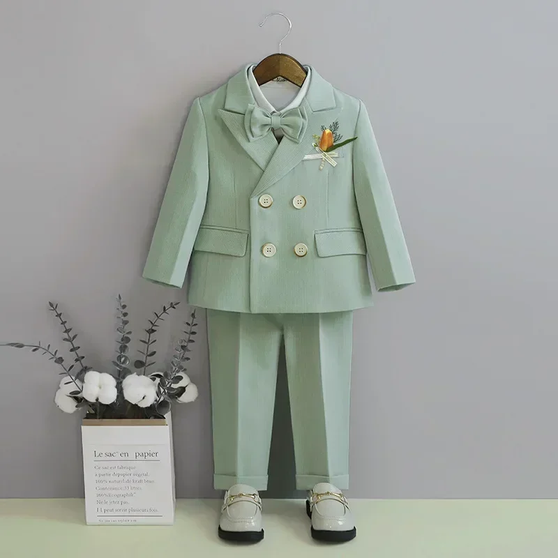 Blazer de aniversário para meninos, uniforme escolar infantil, flor verde bonita, traje de casamento infantil, 2 3 4 6 8 anos, primavera, 2024