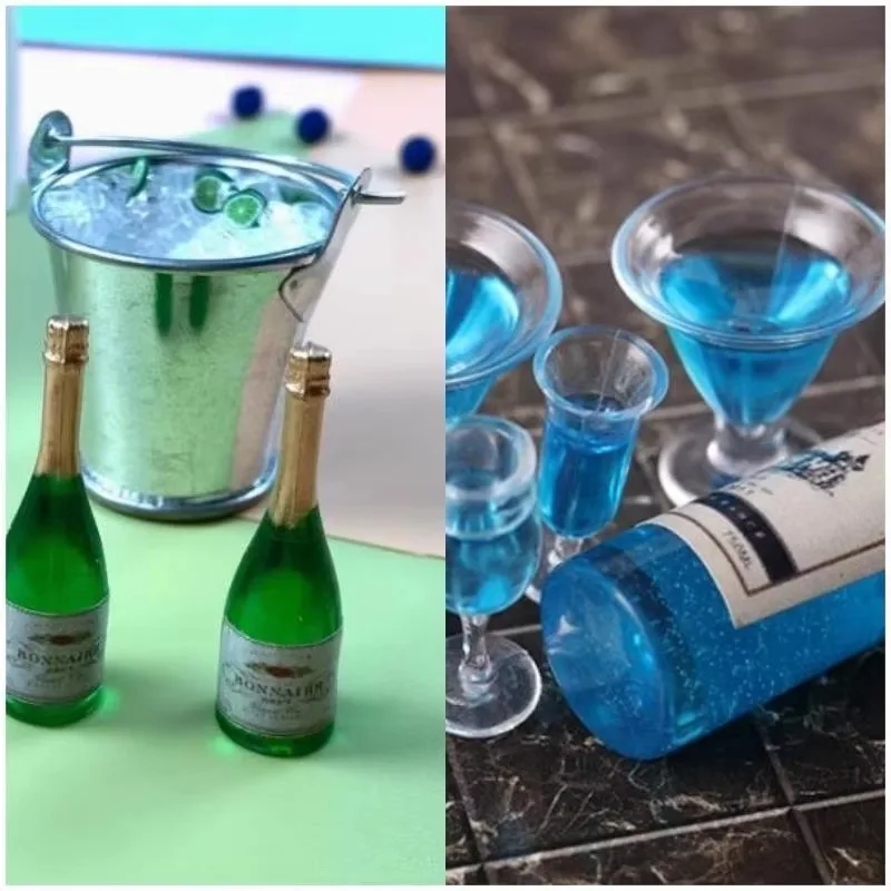 1/6 1/12 Scale Mini Cocktail Bottle Cup Ice Bucket Champagne Resin Model for 1/6 1/12 Action Figure Doll Scene Accessory Display