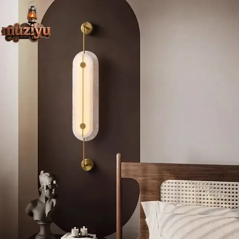 

Muziyu Simple Natural Marble Wall Lamp Living Room Background Wall Lamp Bedroom Bedside Study Aisle Decorative Pure Copper Wall