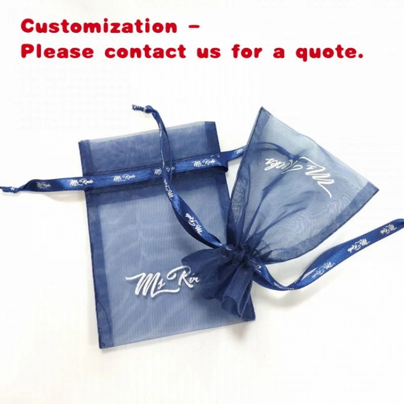 custom.Custom Navy Blue Organza Nail Packaging Pouch With Silver