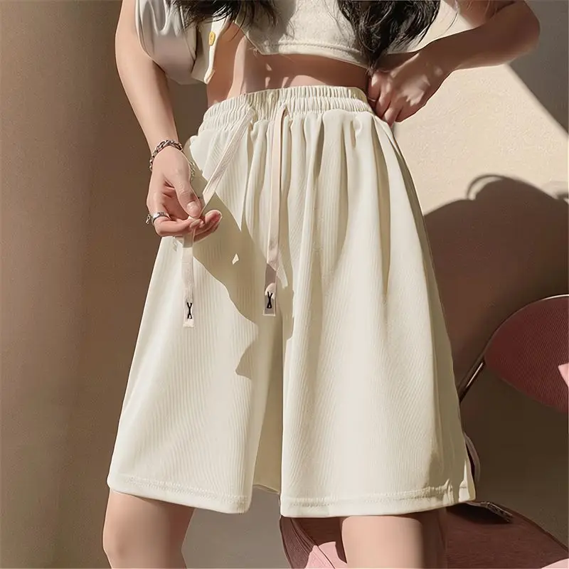 여름용 얇은 루즈핏 캐주얼 여성 스포티 아이스 실크 반바지 하이웨이스트 단색 드로스트링 잠옷 5부 반바지