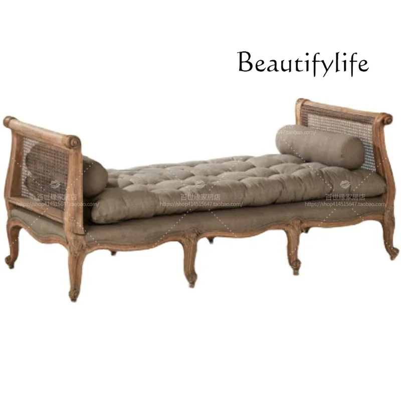A44 American modern solid wood shoe changing stool rattan sofa bench retro bedroom end stool simple bed