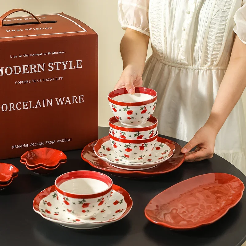 Newlyweds tableware, red bowls and dishes set, home engagement wedding gift box for newlyweds