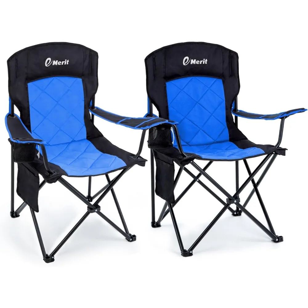 

Комплект из 2 больших мягких стульев для кемпинга, сверхмощный четырехкратный складной стул 350 фунтов с подлокотниками, поясничной спинкой и подстаканником