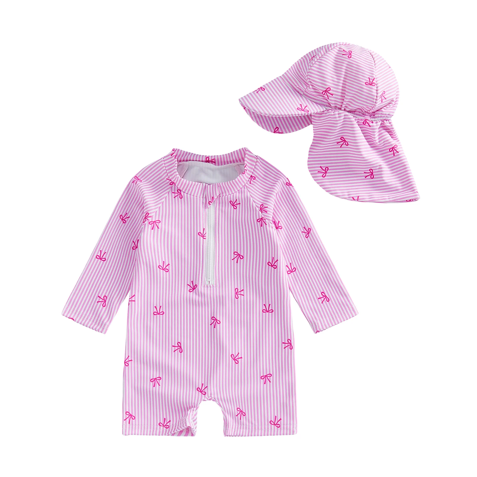 Baby Girl Rash Guard Swimsuit Cute Fashionable Striped Bow Printed Long Sleeve Swimwear with Hat