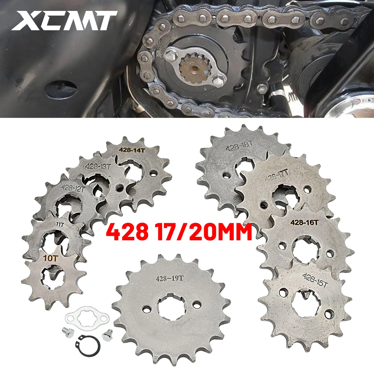 

Front Engine 428# 10T 11T 12T 13T 14T 15T 16T 17T 18T 19T Teeth 17mm 20mm Chain Sprocket With Retainer Plate Locker