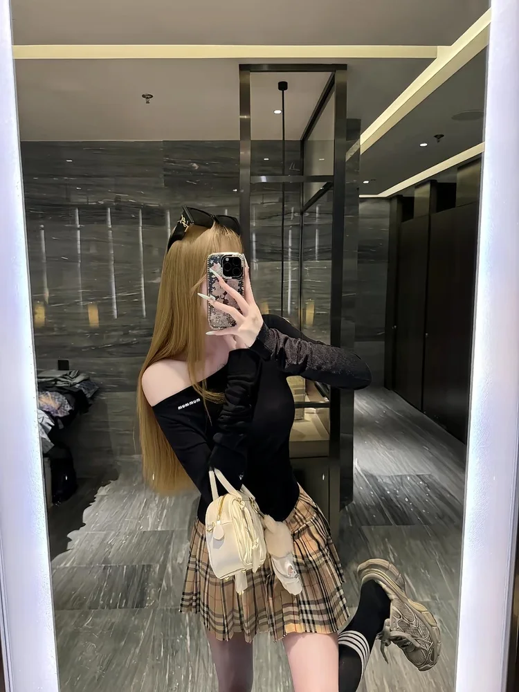 

Stylish Long Sleeve T-Shirt Women's Patchwork One Shoulder Slim Fit Short Style Base Bone Exposure Top Casual Style Cotton