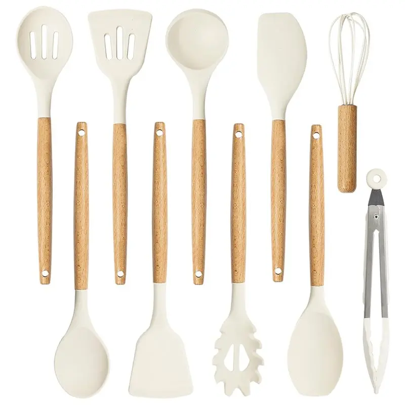 

VOFUN-For Cooking Utensils Set 10 Pieces Silicone Kitchen Tools Spatula With Wood Handle
