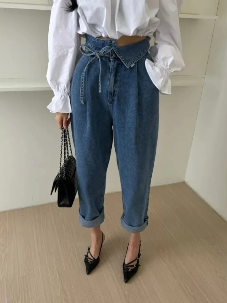 

Women High Waist Loose Denim Pants Spring Summer Flip Waist Collar Strap Straight Harlan Jeans Long Pant Streetwear Y2K Trousers