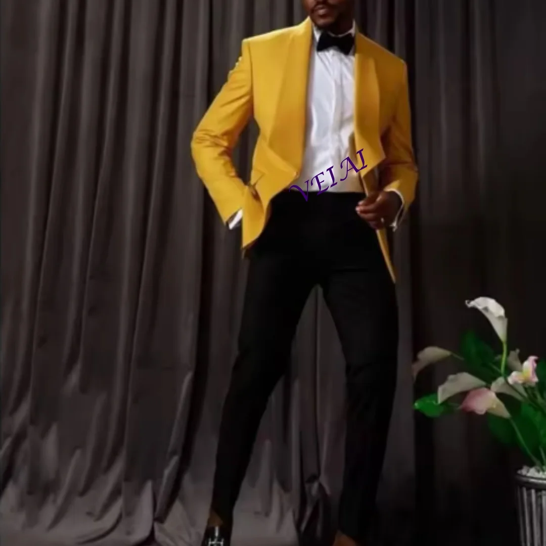 

CustomizedCasual Regular Men Suits Terno Clothing Yellow Jacket Black Oants Two Piece Slim Fit Shawl Lapel Regular Outfits Custo