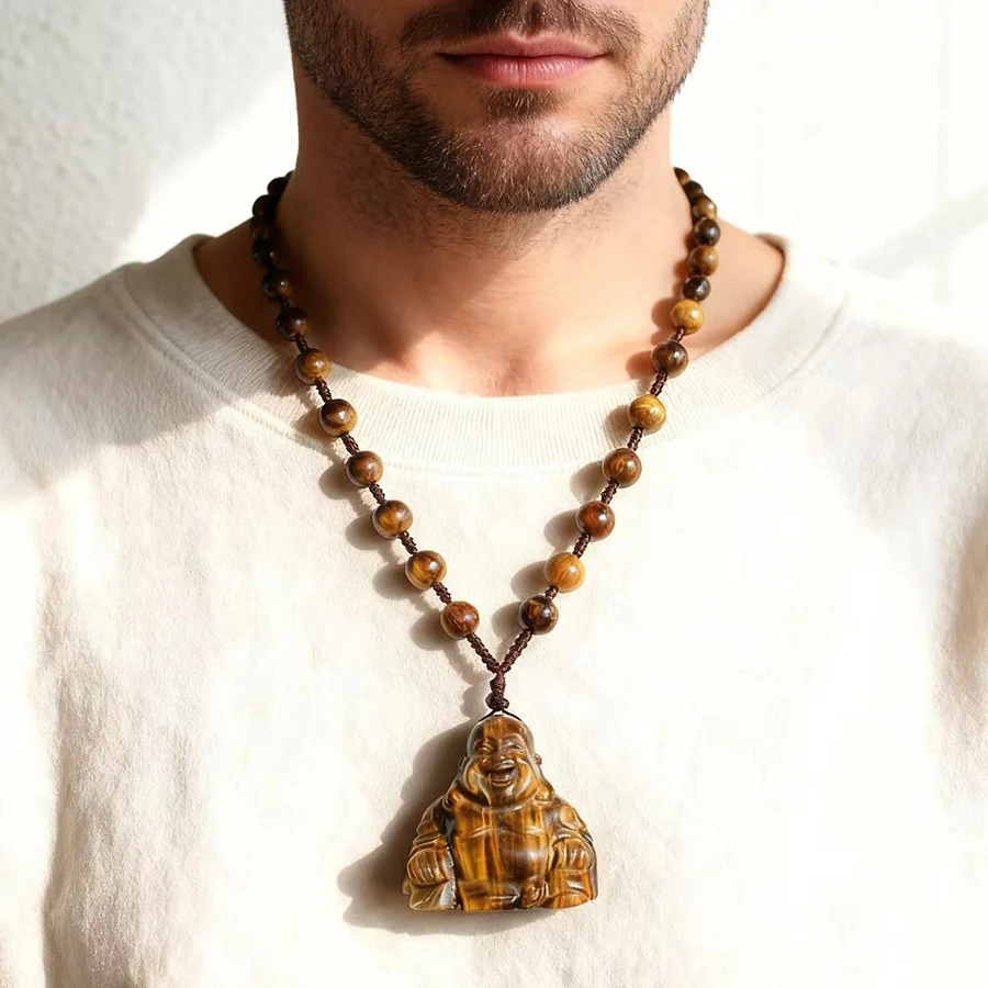 

Unit One Piece Natural Tiger eye Gemstone Crystal Laugh Buddha Carving Necklace Pendant With Natural Tiger Eye Bead Chain